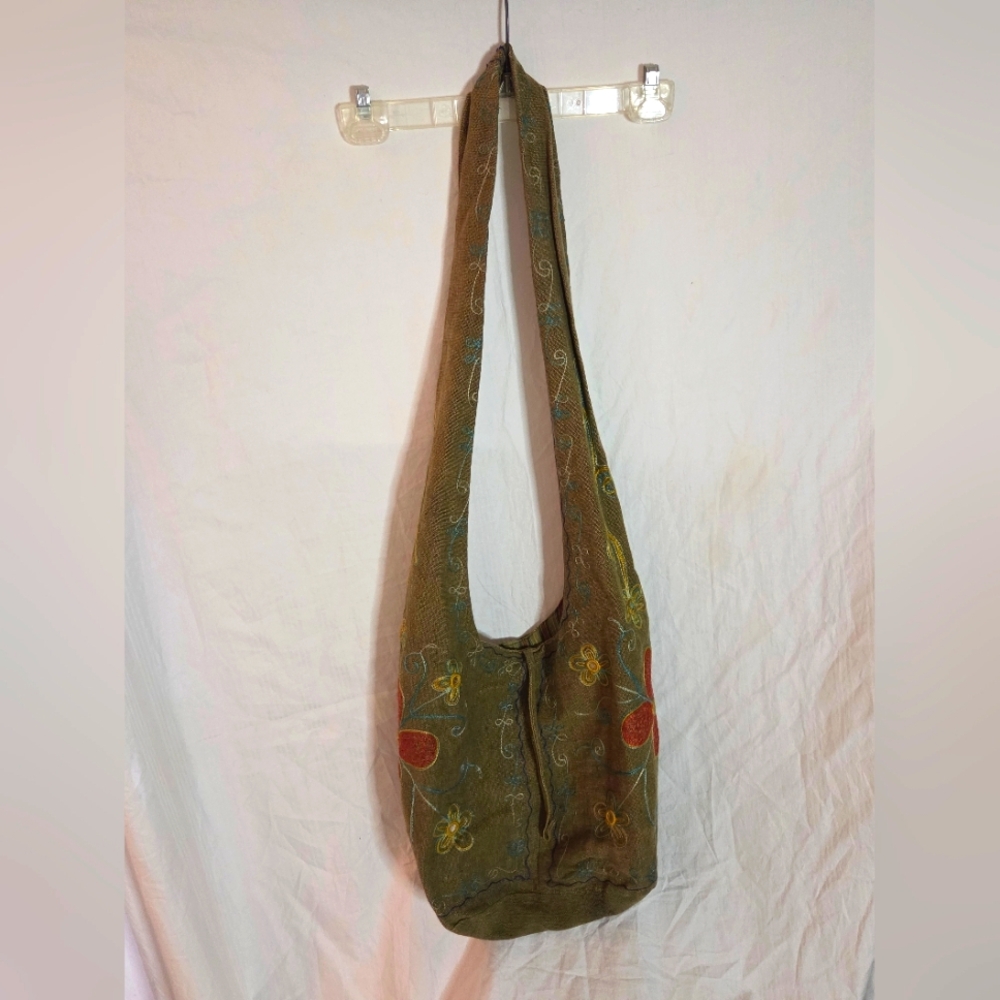 Source Unknown Floral Embroidered Shoulder Bag - Olive and Red